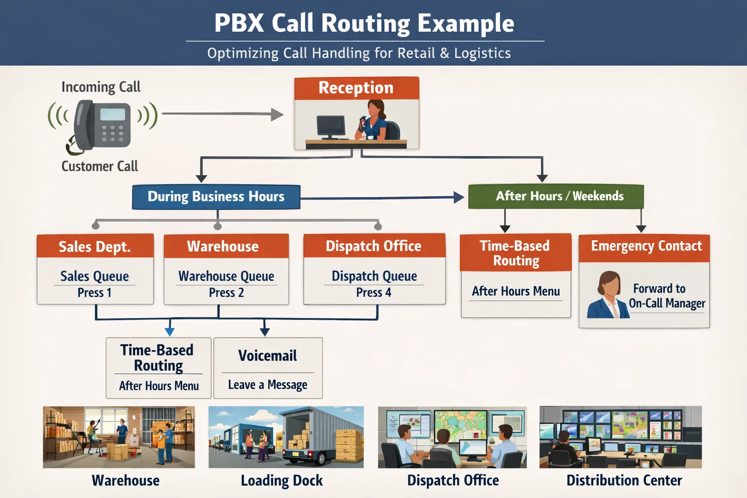 Routingbeispiel zur PBX-Architektur für technische Einkäufer mit Rezeption, Abteilungen, Warteschlangen und zeitgesteuerter Anrufbehandlung in Lager, Laderampe, Disposition und Vertriebszentrum