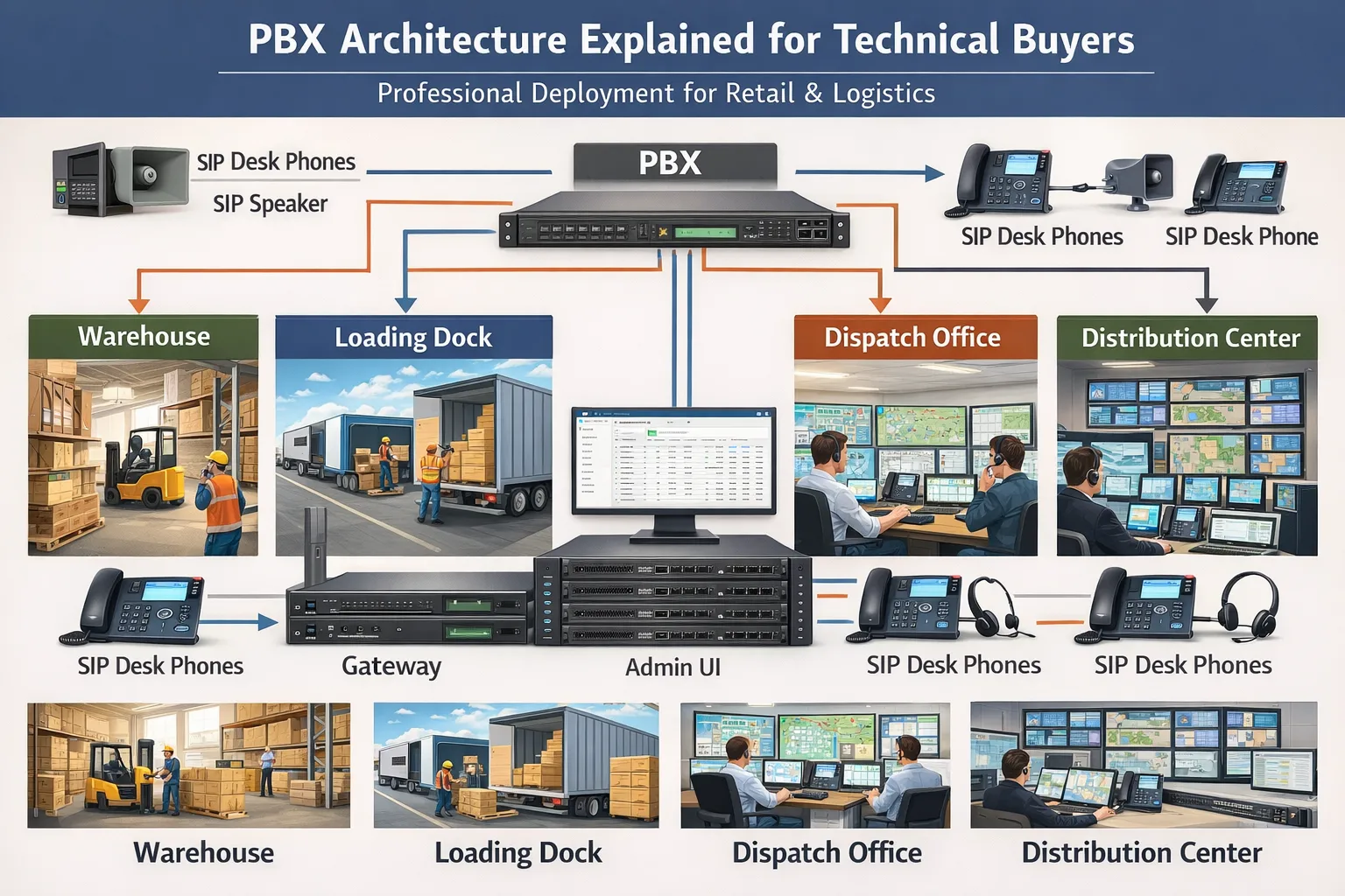 Bereitstellungsszene zur PBX-Architektur für technische Einkäufer in Lager, Laderampe, Disposition und Vertriebszentrum mit Tischtelefonen, SIP-Endgeräten, Gateways und Verwaltungszugriff