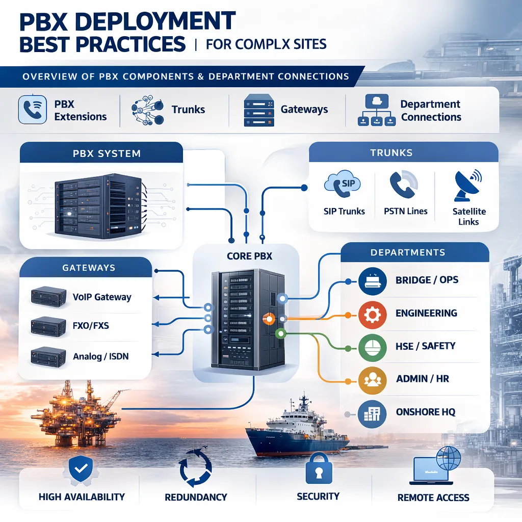PBX-Bereitstellung: Best Practices für komplexe Standorte – Übersicht mit Nebenstellen, Amtsleitungen, Gateways und Abteilungsverbindungen der PBX in maritimen und Energieprojekten