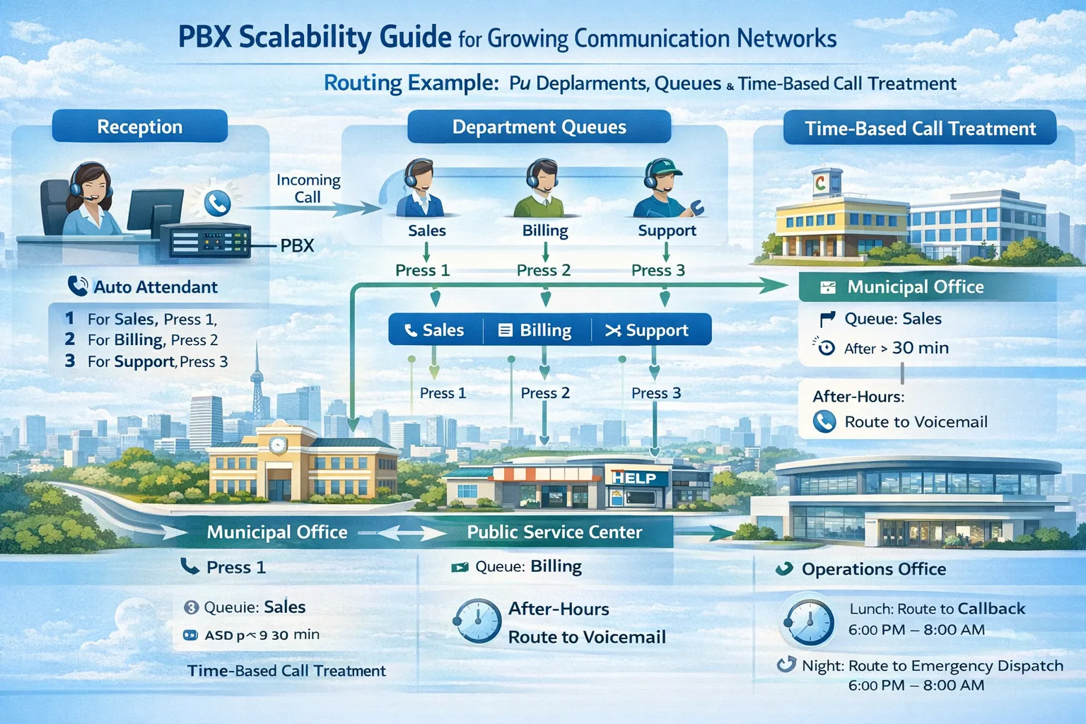 Leitfaden zur PBX-Skalierbarkeit für wachsende Kommunikationsnetze – Routingbeispiel mit Rezeption, Abteilungen, Warteschlangen und zeitgesteuerter Anrufbehandlung in Gemeindebüro, öffentlichem Dienstzentrum, straßenseitigem Hilfspunkt und Betriebsbüro