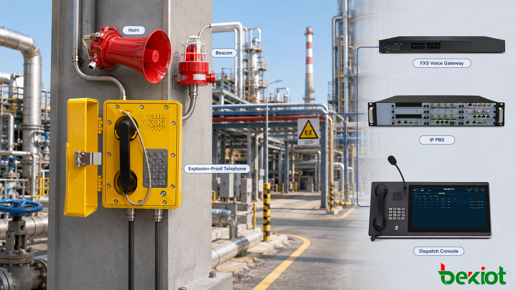 Explosionsgeschütztes Telefon installiert in einem petrochemischen Gefahrenbereich