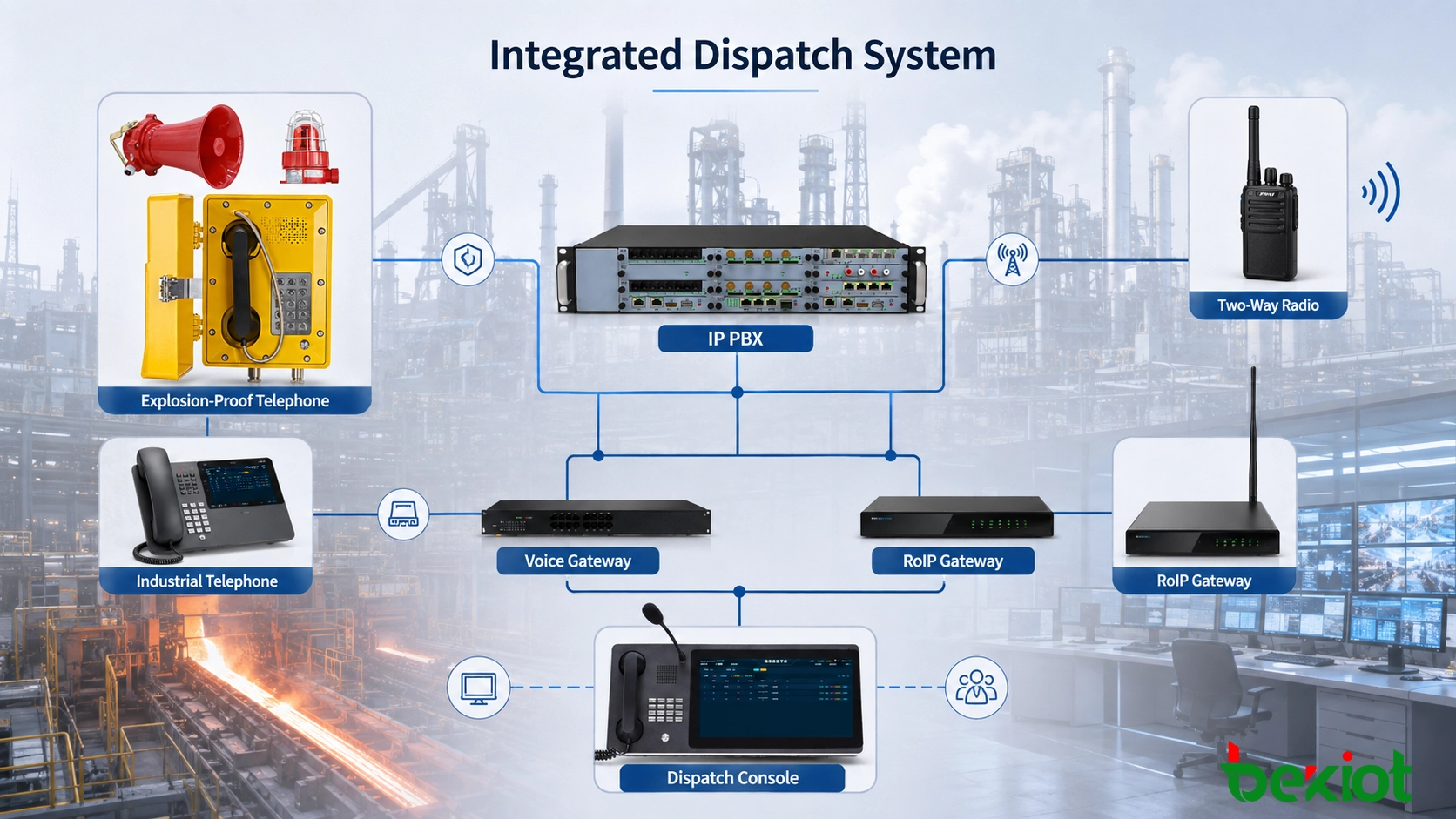 Integrierte Leitarchitektur für explosionsgeschützte Telefone, IP-TK-Anlage, Durchsage- und Funksysteme in einem Stahlwerk