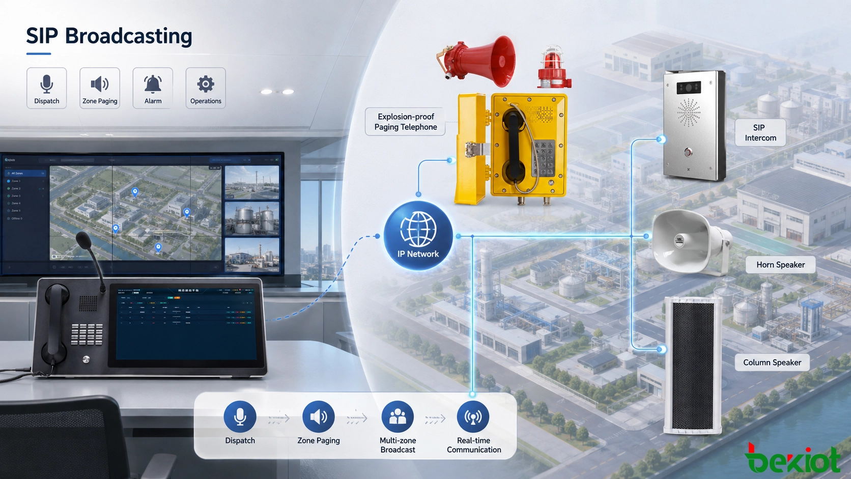 SIP-Broadcast-Architektur, die IP-Ruf, Sprachdispatch, Gegensprechanlage, Alarme und Betriebssysteme integriert