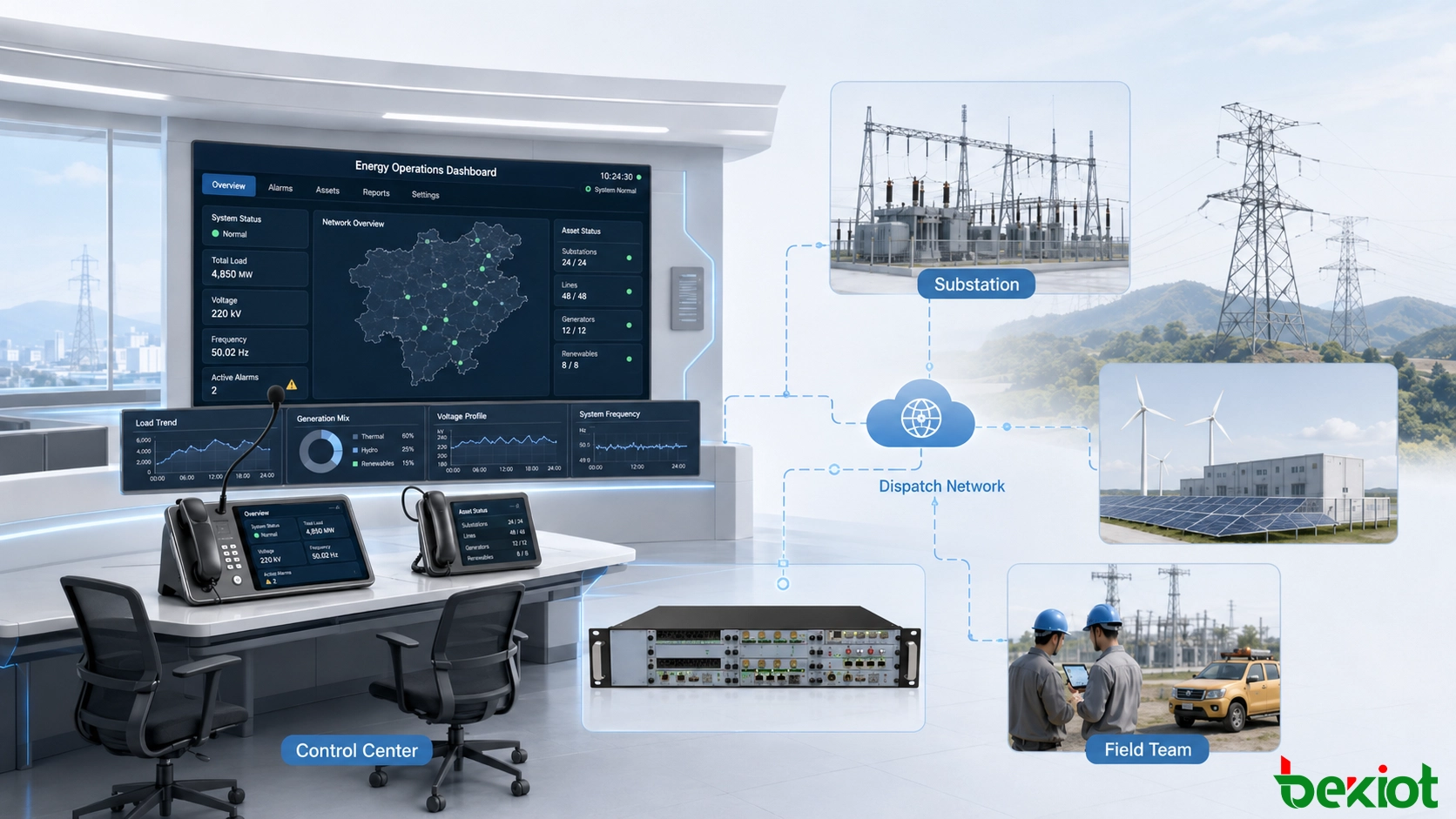 Architektur eines Dispatching-Systems für Stromnetze, das eine Leitstelle mit Umspannwerken, Außendienstteams, Kommunikationsterminals, Servern und Überwachungsressourcen verbindet