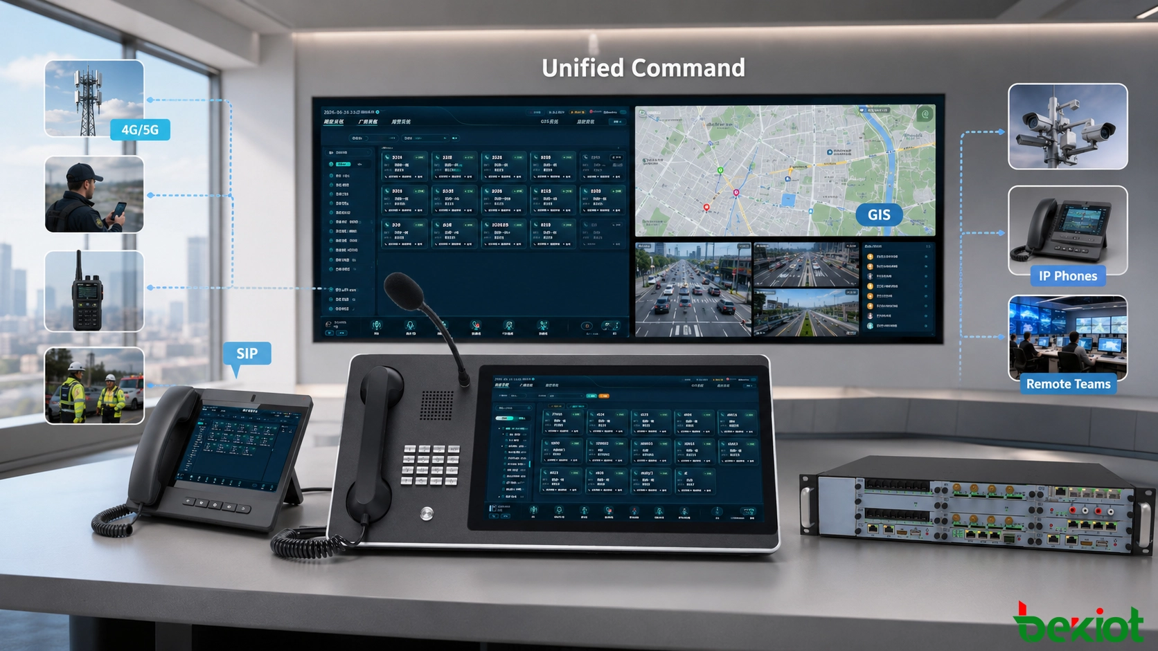 Architektur einer Android-Dispatch-Konsole, die eine Leitstelle mit privatem Funk, mobilen 4G- und 5G-Nutzern, Telefonen, Videosystemen, GIS-Ressourcen und Außenteams verbindet