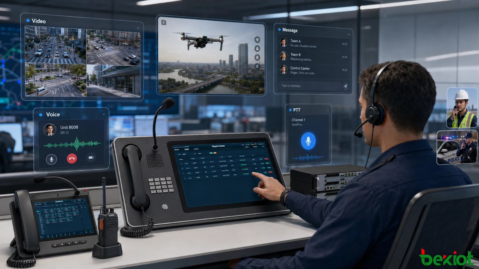 Integrierter Dispatch-Ablauf mit PTT-Funk, Telefonanrufen, CCTV, Drohnen, Videokonferenzen, Instant Messaging und mobiler Feldkommunikation