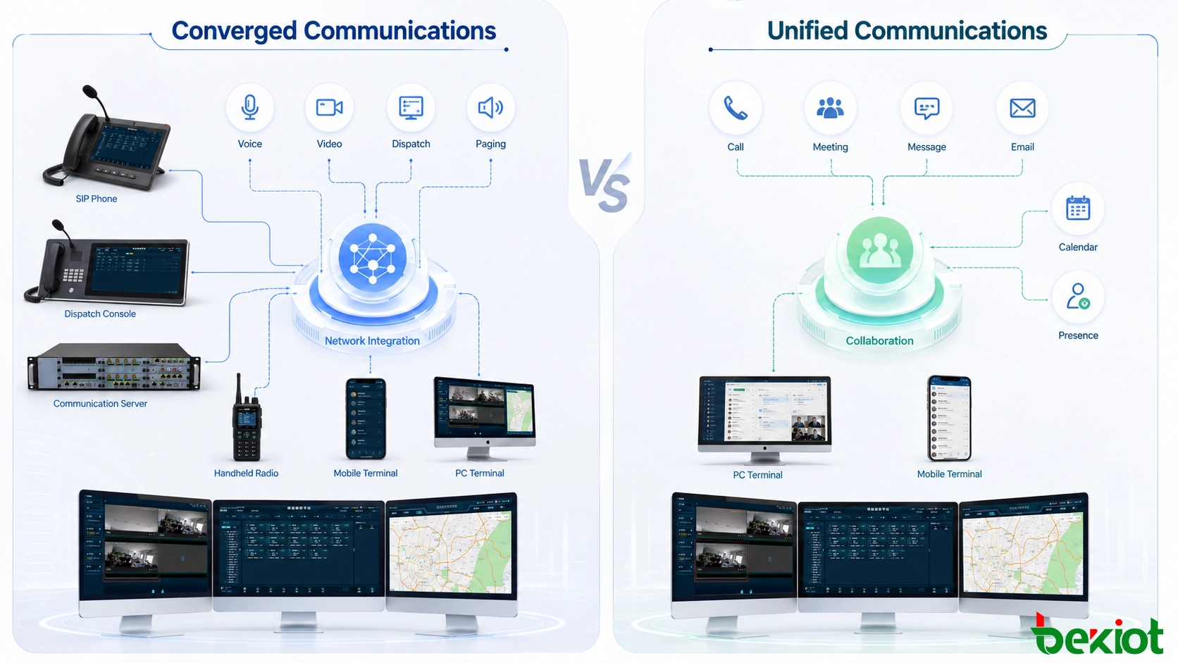 Architekturvergleich zwischen konvergenter Kommunikation und Unified Communications mit Netzwerken, Mediendiensten, Kollaborationswerkzeugen und Benutzerendgeräten