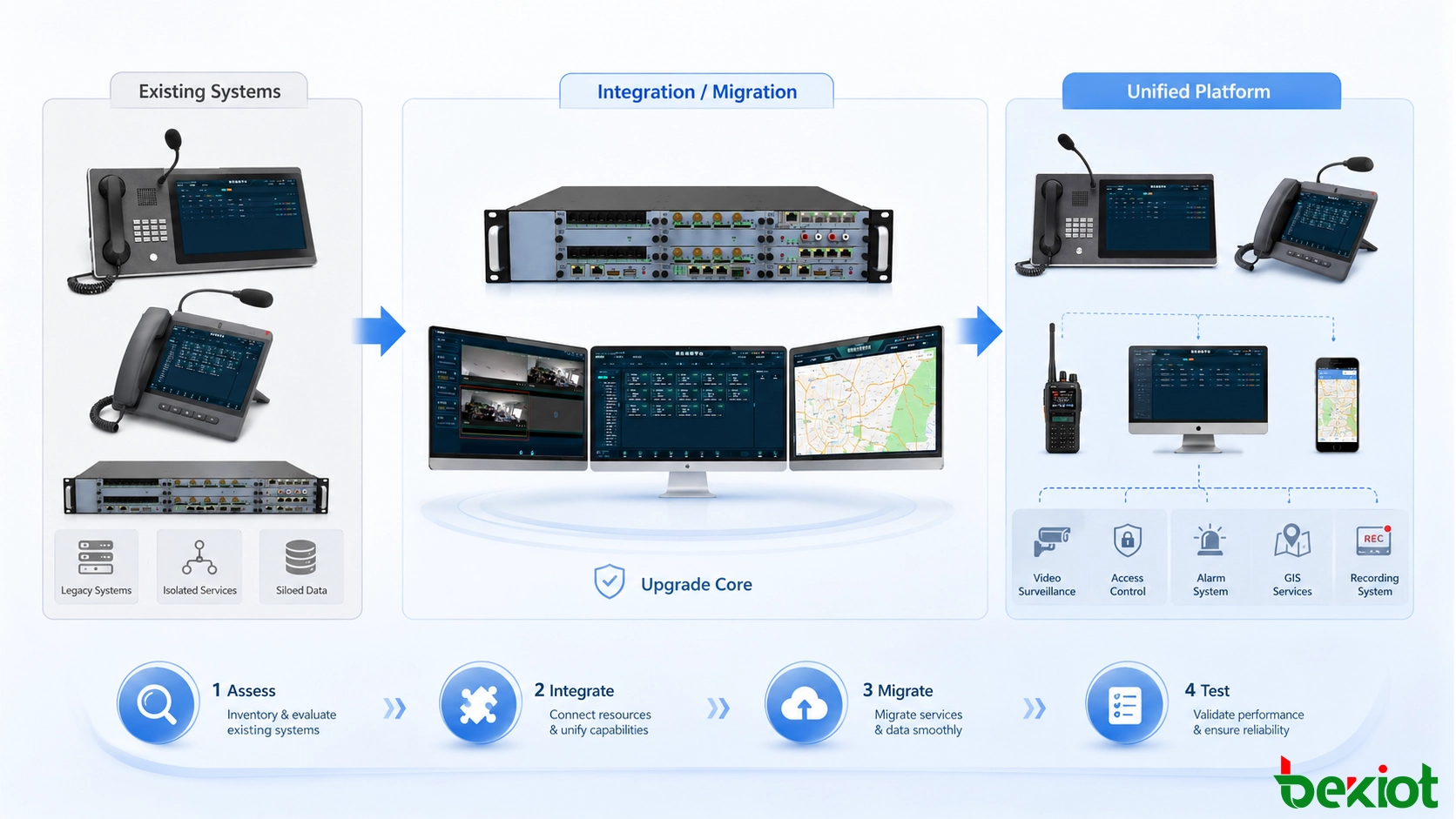 Ablauf einer Kommunikationssystem-Modernisierung mit Netzwerkbewertung, Plattformbereitstellung, Unternehmensintegration, Migration und Abnahmetests