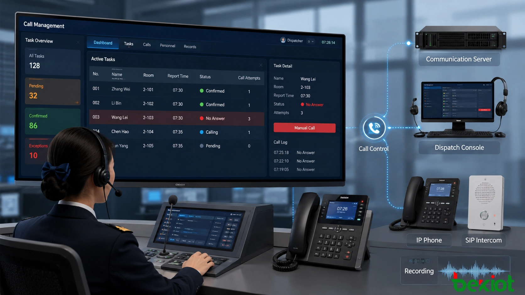 Integrationsarchitektur für Bahn-Anrufe und Disposition mit Kommunikationsserver, Dispositionskonsole, IP-Telefon, SIP-Gegensprechanlage und Aufzeichnungsfunktionen