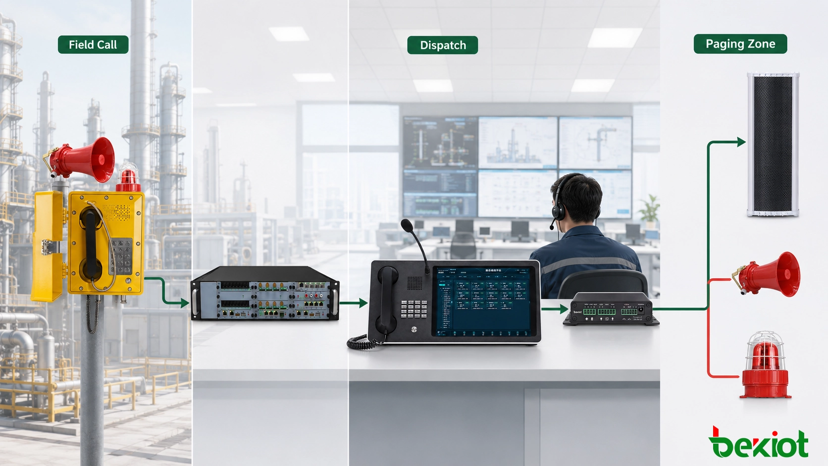 Explosionsgeschütztes Telefon mit Verbindung zu IP-PBX, Leitstellenterminal, Durchsage-Gateway und Industrielautsprechern