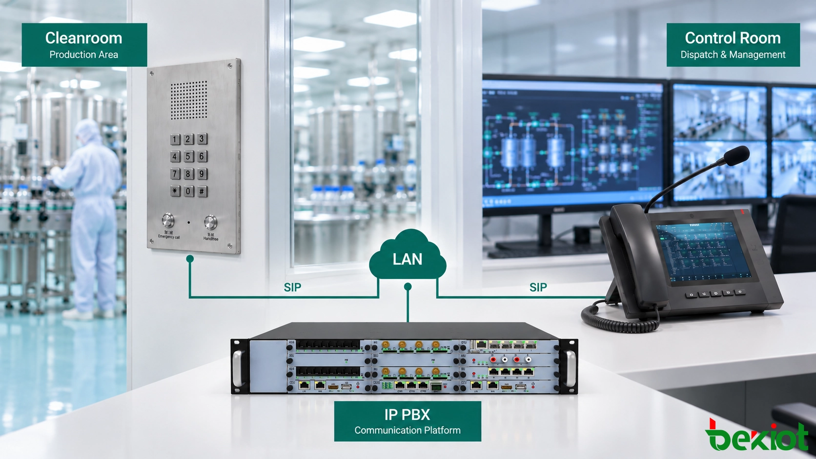 BT26-Reinraumtelefon, verbunden über BU2000 IP-PBX mit GP320i-Dispatcher-Telefon